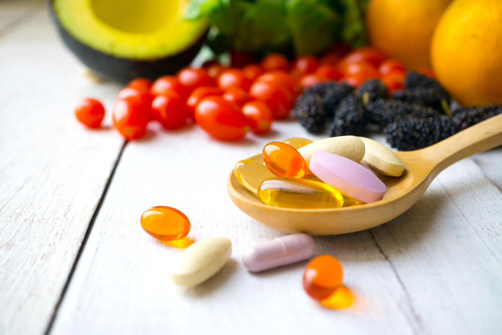 Fruits, vegetables, and vitamin supplements.