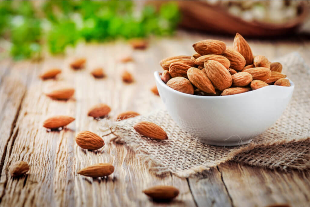 A bowl of almonds.