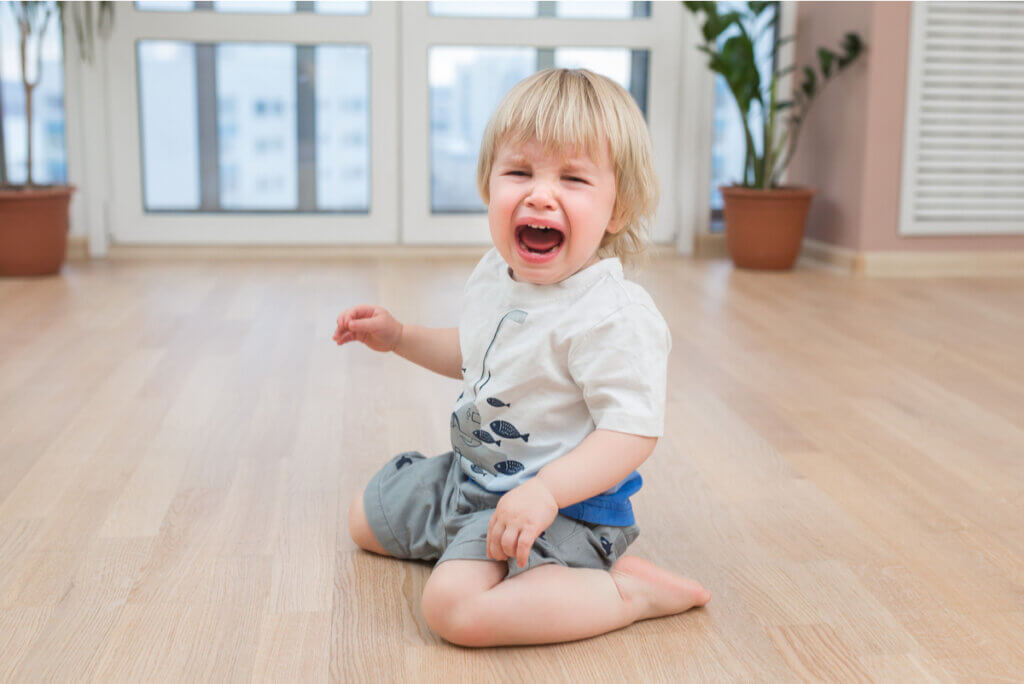 A toddler sitting on the floor cyring.