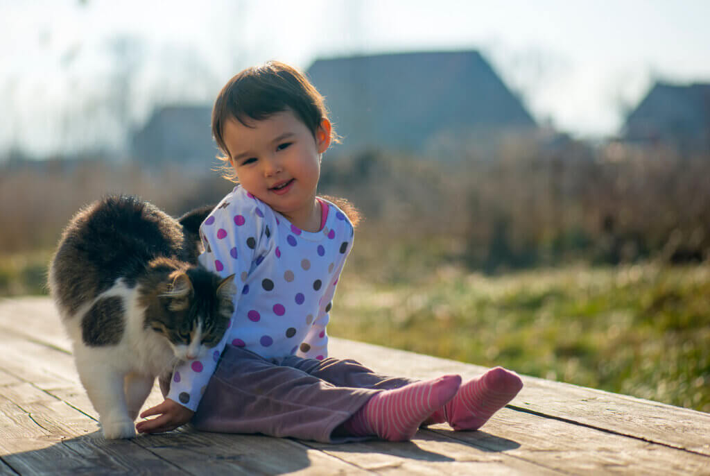 A tolder girl playing with a cat outdoors.