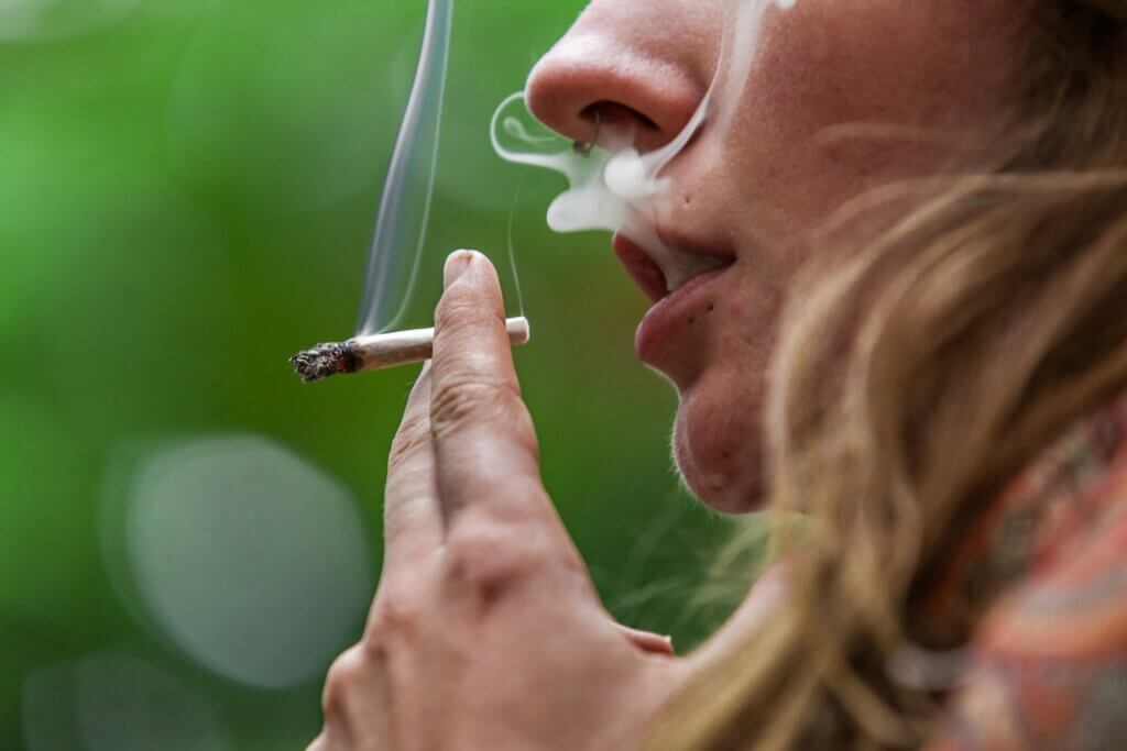 A woman smoking.